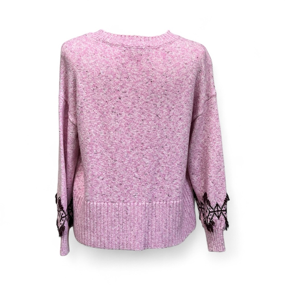LOFT Fringe Fair Isle Pink and Black Patterned Crew Neck Sweater, M - Picture 4 of 5